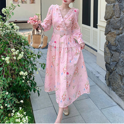 French-Style Tea Break V-Neck Floral Dress With Belt