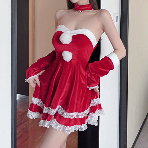 Strapless Christmas Lace Patchwork Big Swing Dress