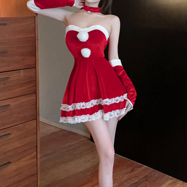 Strapless Christmas Lace Patchwork Big Swing Dress