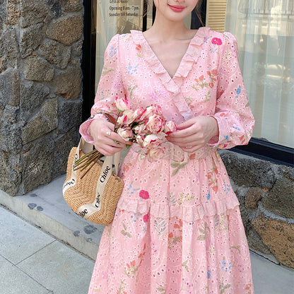 French-Style Tea Break V-Neck Floral Dress With Belt