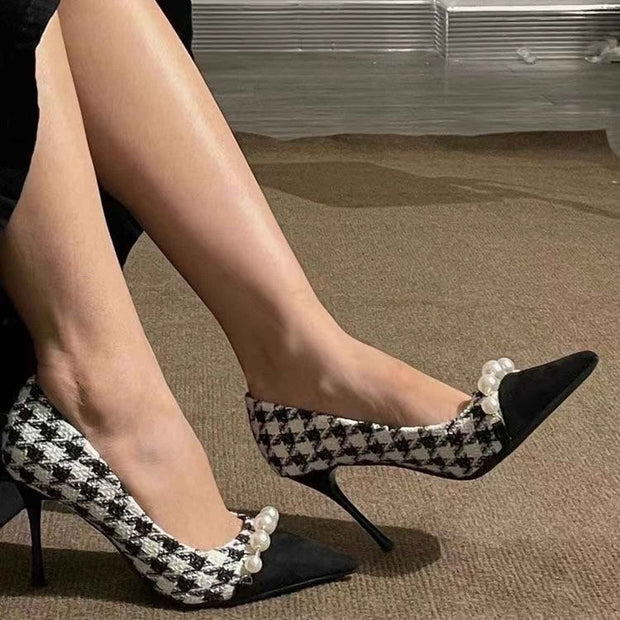 Small high-heeled niche houndstooth stiletto shoes