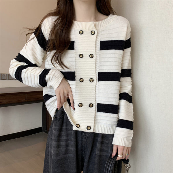 Double Breasted Striped Sweater Coat Short Knitted Top