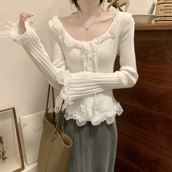 Lace Long-Sleeved Sweater Patchwork Top
