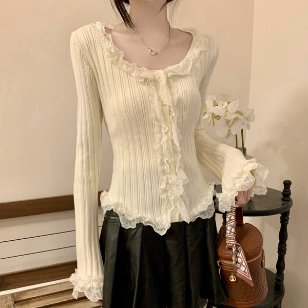 Lace Long-Sleeved Sweater Patchwork Top