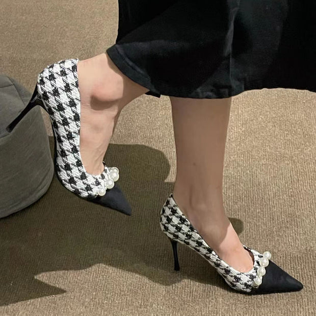 Small high-heeled niche houndstooth stiletto shoes