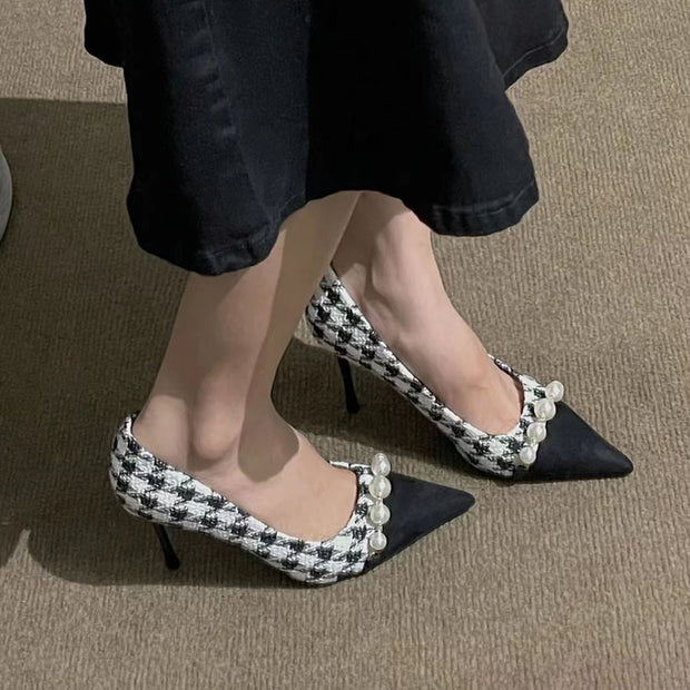 Small high-heeled niche houndstooth stiletto shoes