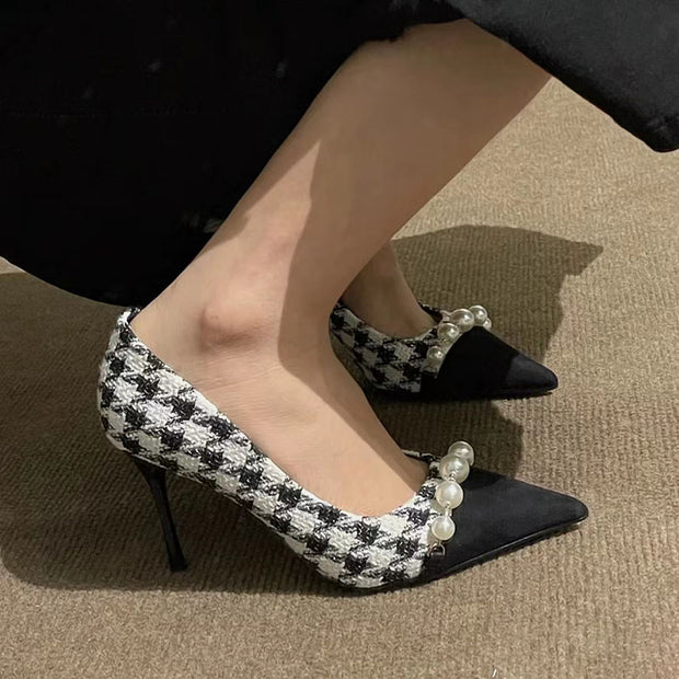 Small high-heeled niche houndstooth stiletto shoes