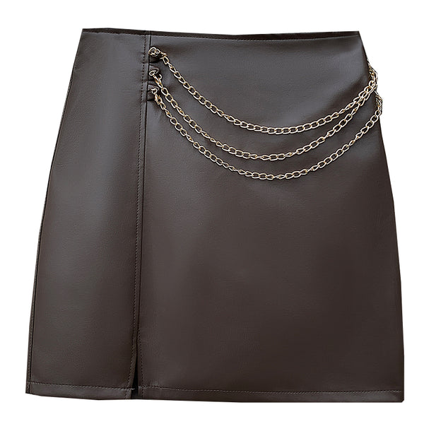 All-Match Hakama Pu Leather Chain High Waist A-Line Skirt