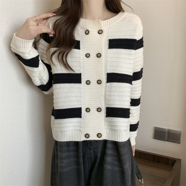 Double Breasted Striped Sweater Coat Short Knitted Top