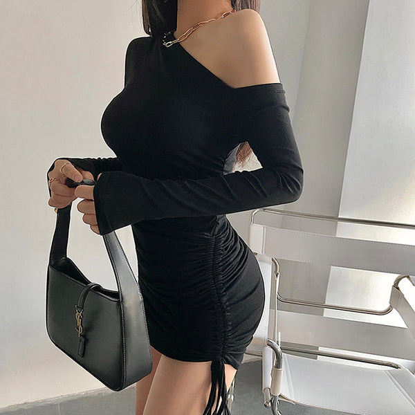 Off-Shoulder Bodycon Drawstring Pleated Long-Sleeved Dress