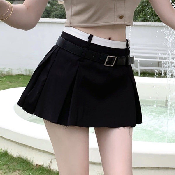 Stitching High Waist Pleated Skirt With Belt