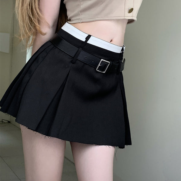 Stitching High Waist Pleated Skirt With Belt