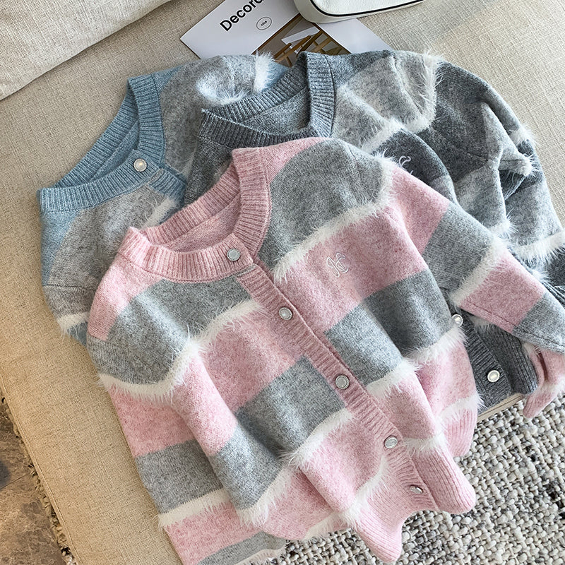 French Retro Colorful Striped Cardigan Jacket