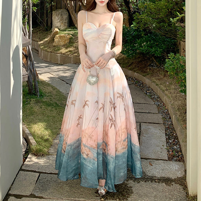 French-Style Tie-Dye Vacation Print Spaghetti Strap Dress