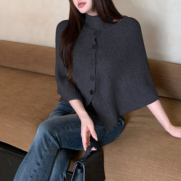 Vintage-Style Asymmetric Side-Button Off-Shoulder Knit Cardigan