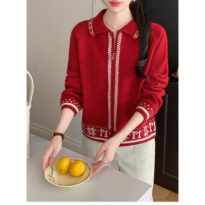 Snowflake Jacquard Colorblock Crew Neck Knit Cardigan