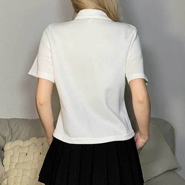 Short-Sleeved T-Shirt Polo Collar Irregular Zipper Top