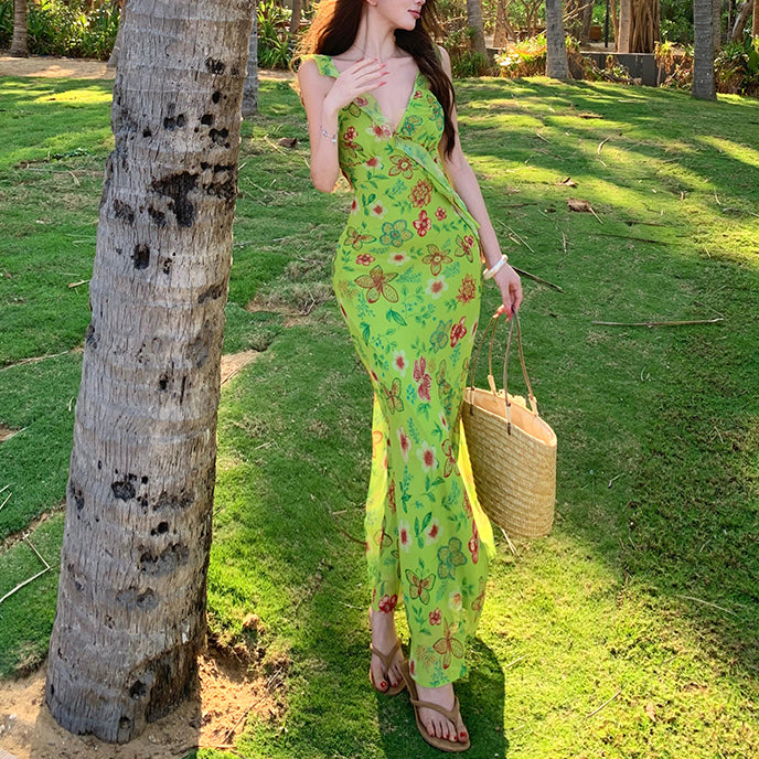 Summer Vacation Style V-Neck Floral Spaghetti Strap Dress