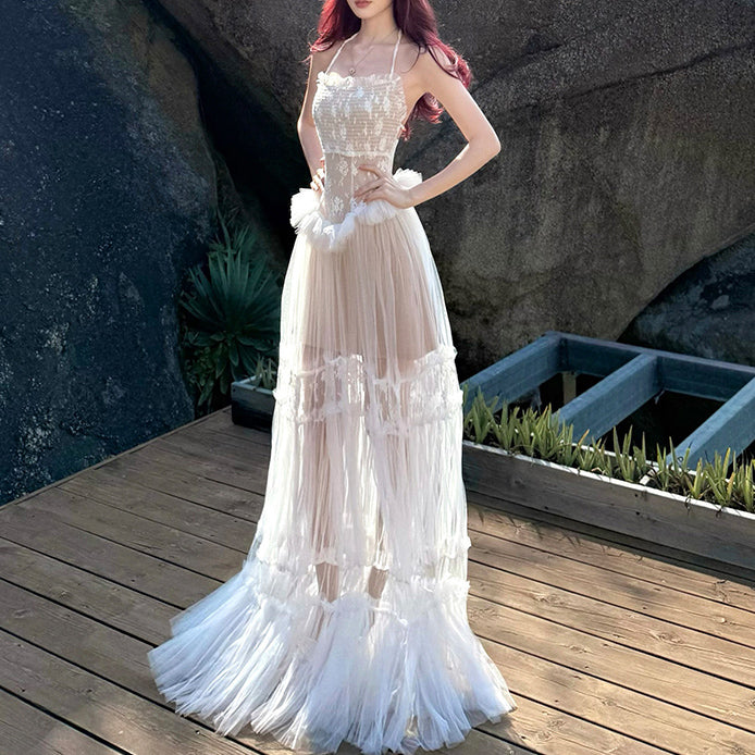 Vacation Lace Mesh Halter Neck Backless Dress