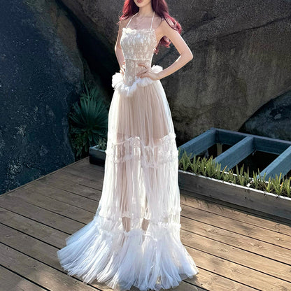 Vacation Lace Mesh Halter Neck Backless Dress