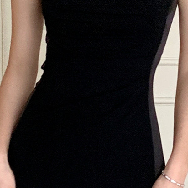 Black Temperament High-Waisted Patchwork Cami Dress