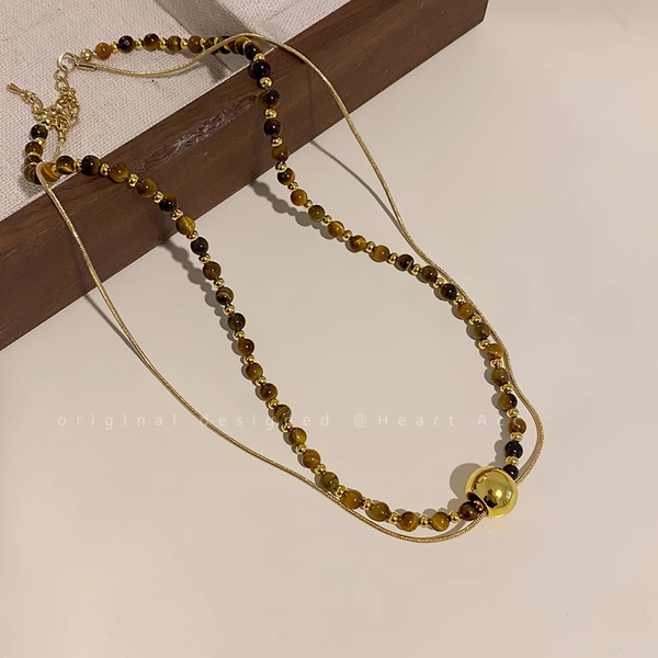Tiger Eye Stone Double Layer Necklace Stacked Clavicle Chain