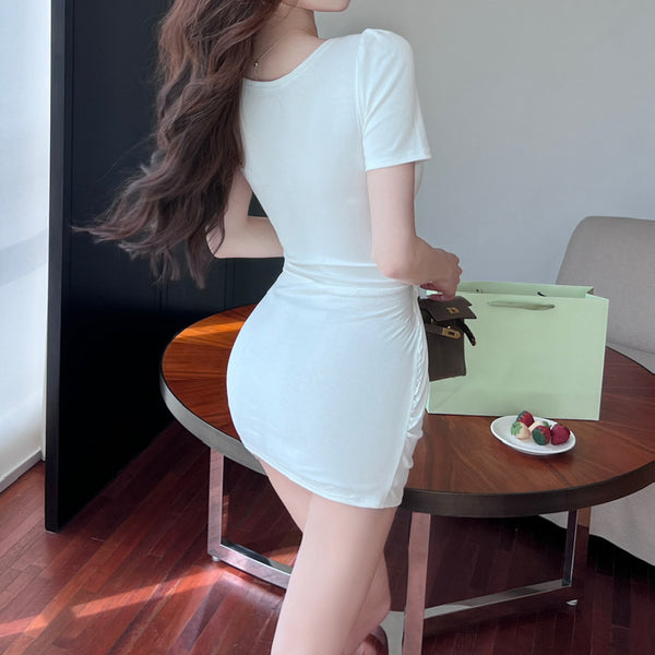 Lace Splicing Cotton Short-Sleeved Bodycon Hip-Hugging Dress