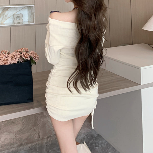 Long-Sleeved Drawstring Pleated Bodycon Knitted Dress