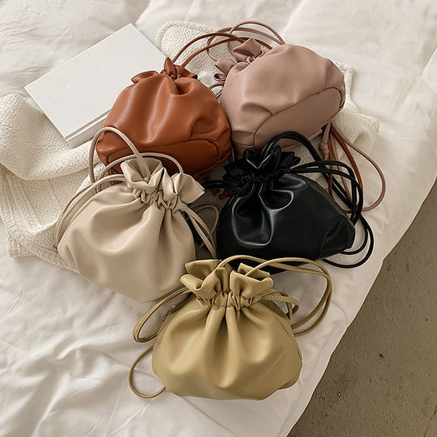 Drawstring casual mini soft leather shoulder bag