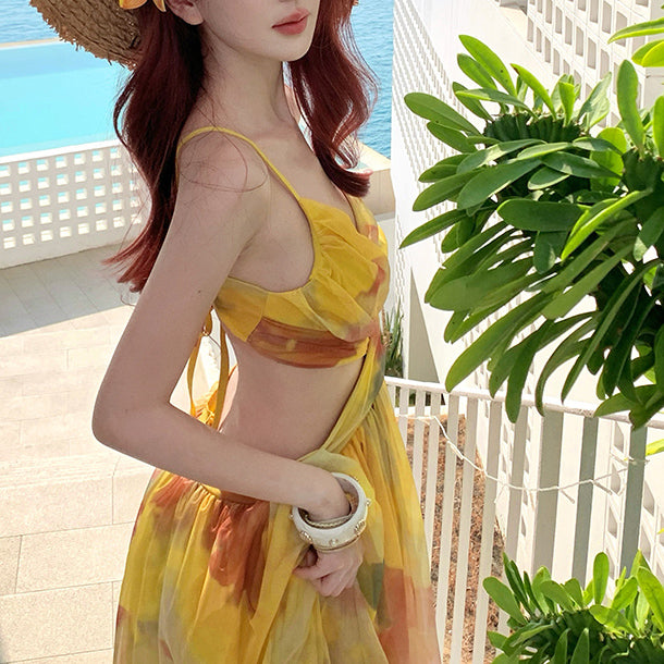 Mesh Tie-Dye Vacation Style Backless Sundress