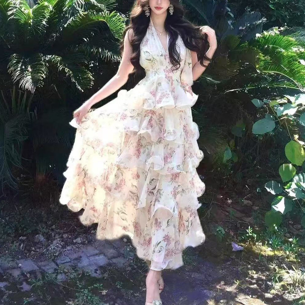 Chiffon Floral Halter Neck Vacation Dress