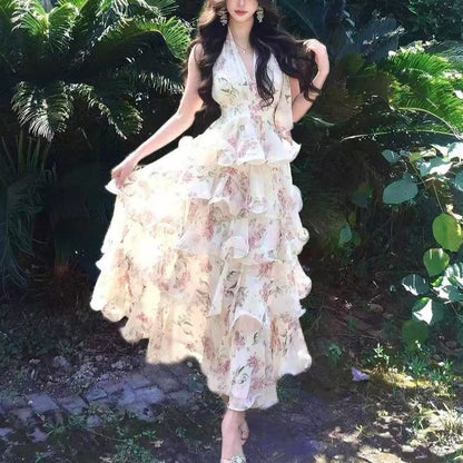 Chiffon Floral Halter Neck Vacation Dress