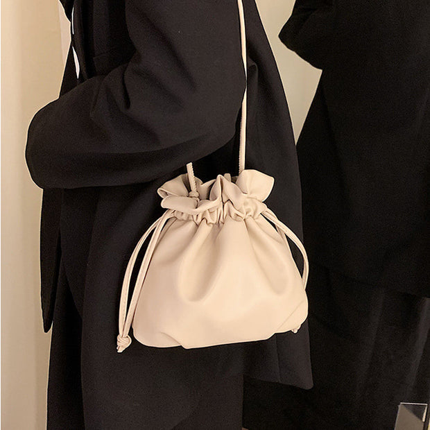 Drawstring casual mini soft leather shoulder bag
