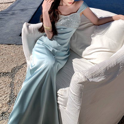 Heavy-Embellished Sequin & Satin Evening Gown