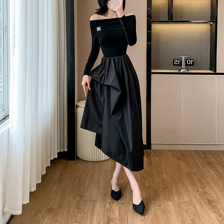Off-The-Shoulder French-Style Fitted Black Dress