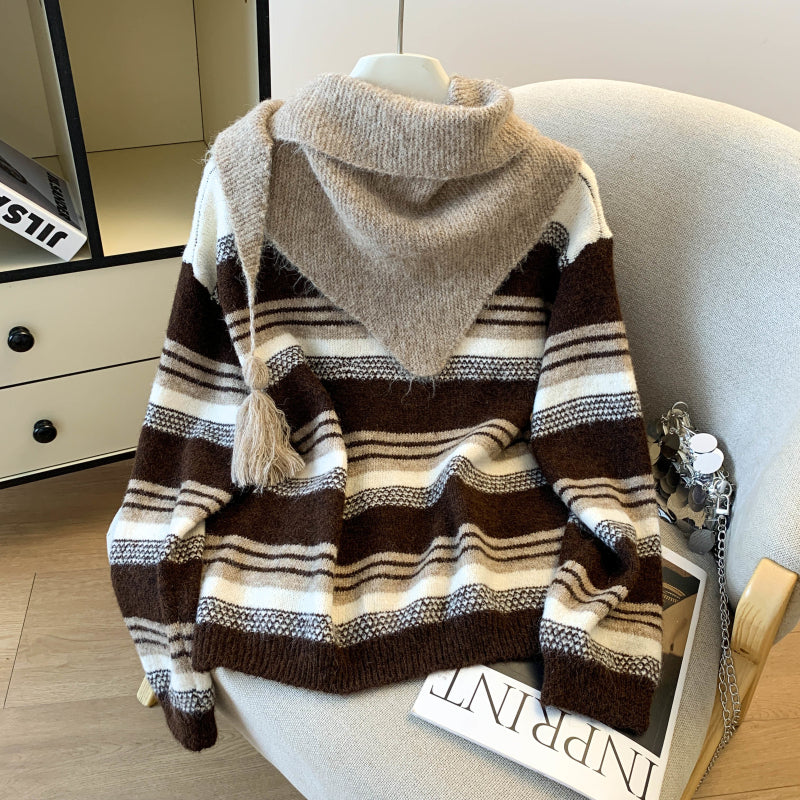 Stylish Striped Loose Knit Pullover (Shawl Included)