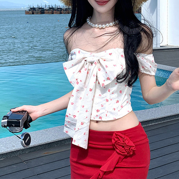 Bow-Tie Off-Shoulder Top And Skirt Two-Piece Set