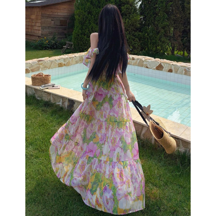 Oil Painting Floral Puff Sleeve Short-Sleeved Top And Skirt Set