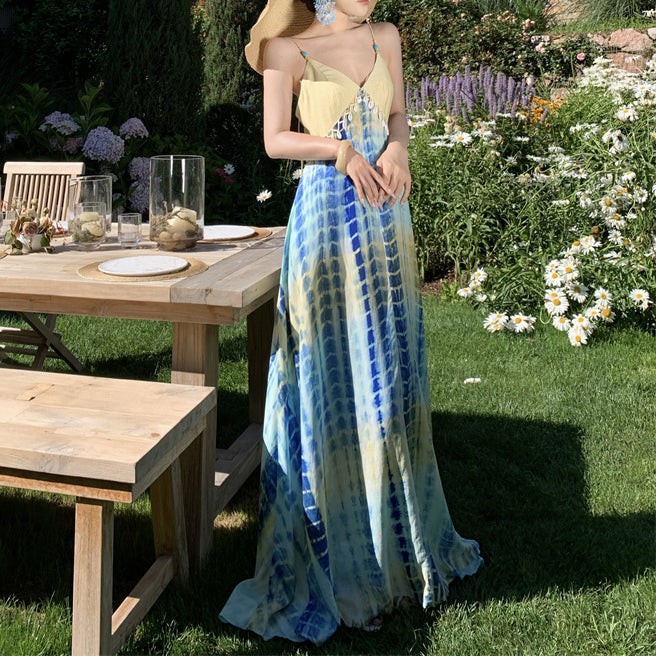 Dyed Seashell Beaded Linen Yellow And Blue Color-Blocked Sundress