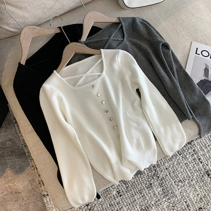 Single-Breasted Metal Button Pullover Long-Sleeved Knit Sweater