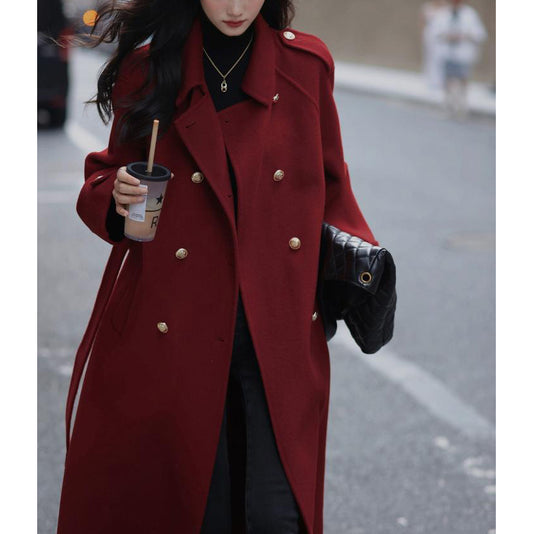 Retro Red Long Wool Coat With Gold Buttons