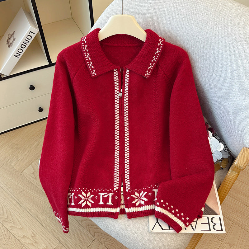 Snowflake Jacquard Colorblock Crew Neck Knit Cardigan
