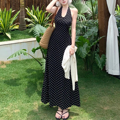 V-neck retro floral polka dot halter dress