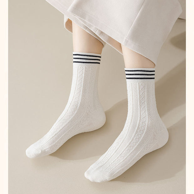 Striped textured mid-calf cotton socks