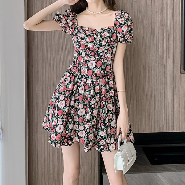 Square Neck Floral Puff Sleeve Short Dress