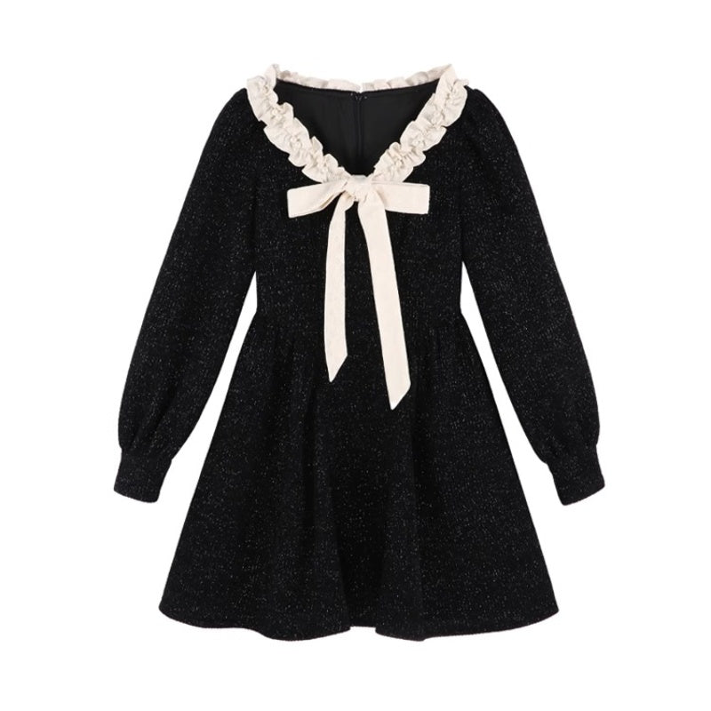 Hepburn Style Black V-Neck Bow Knitted Dress