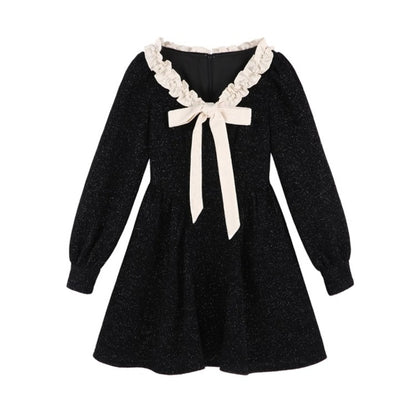 Hepburn Style Black V-Neck Bow Knitted Dress