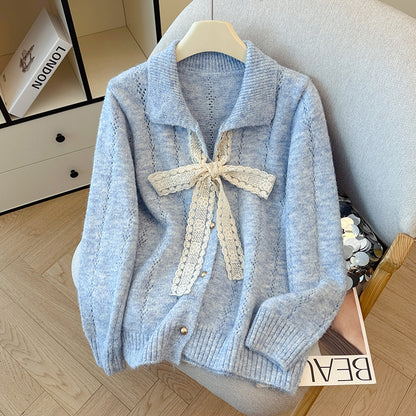 Hollow Lace Bow Knitted Cardigan