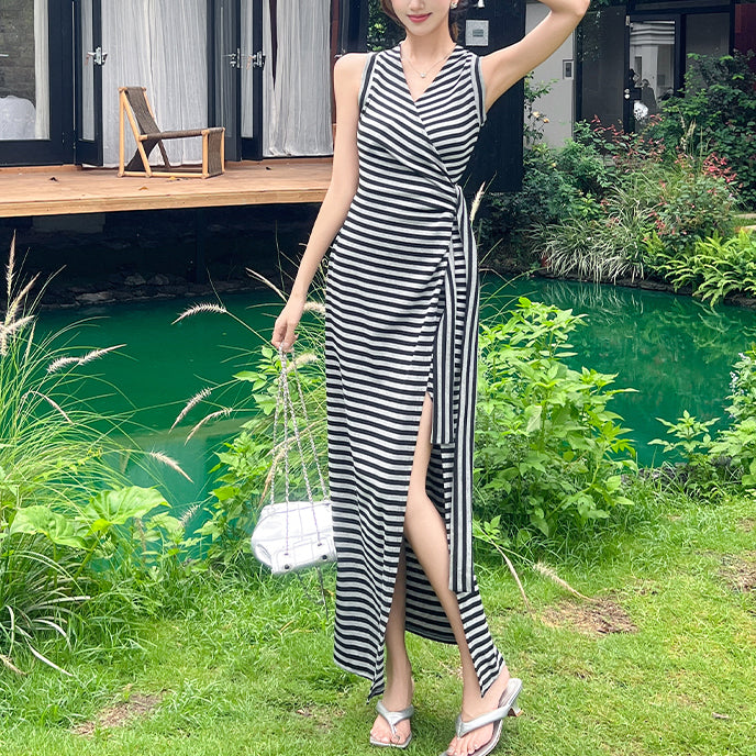 Fashionable Waist-Hugging French Striped Tie-Strap Slit Dress