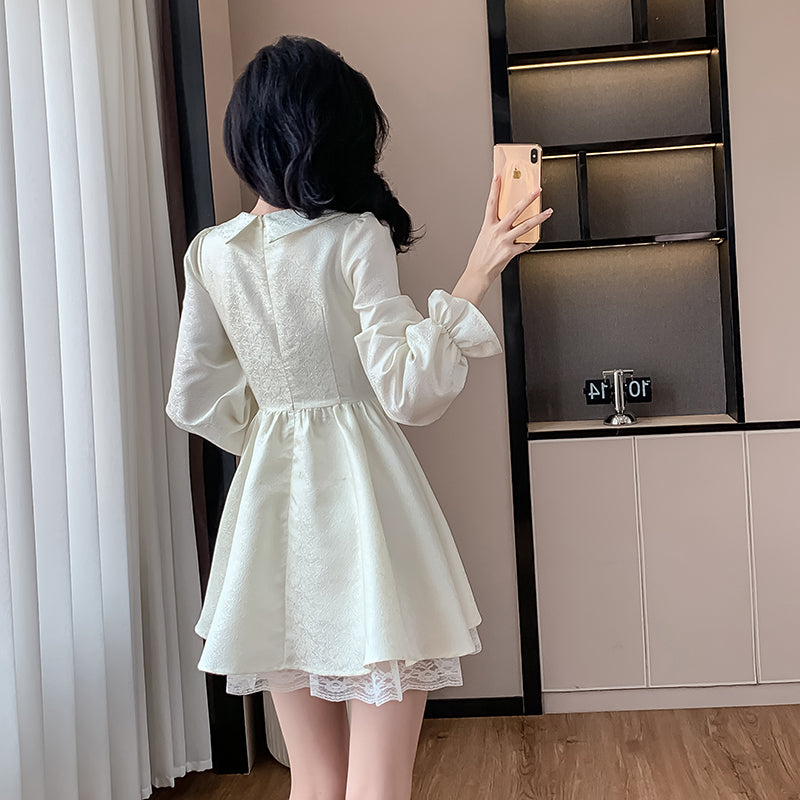 Sweet And Elegant Shirt Collar Waist Long Sleeve Dress